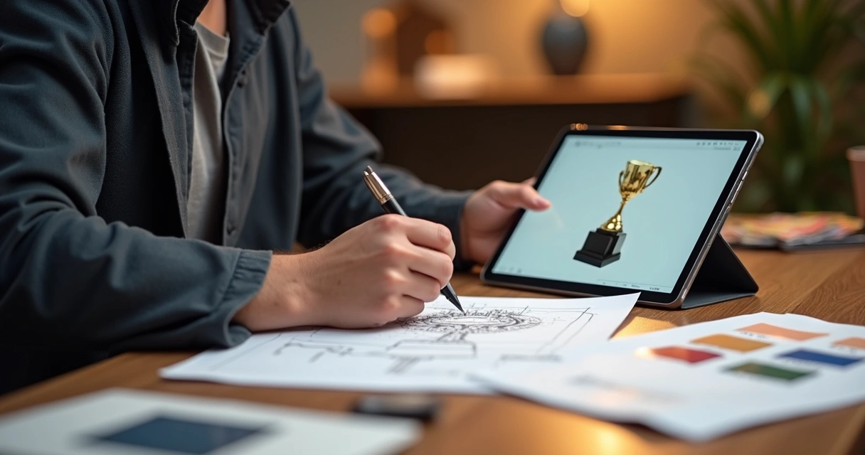 Designer ajustando projeto de troféu personalizado para empresa 