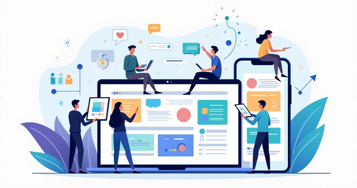 Ilustração de equipe criando interface digital focada em experiência do usuário 