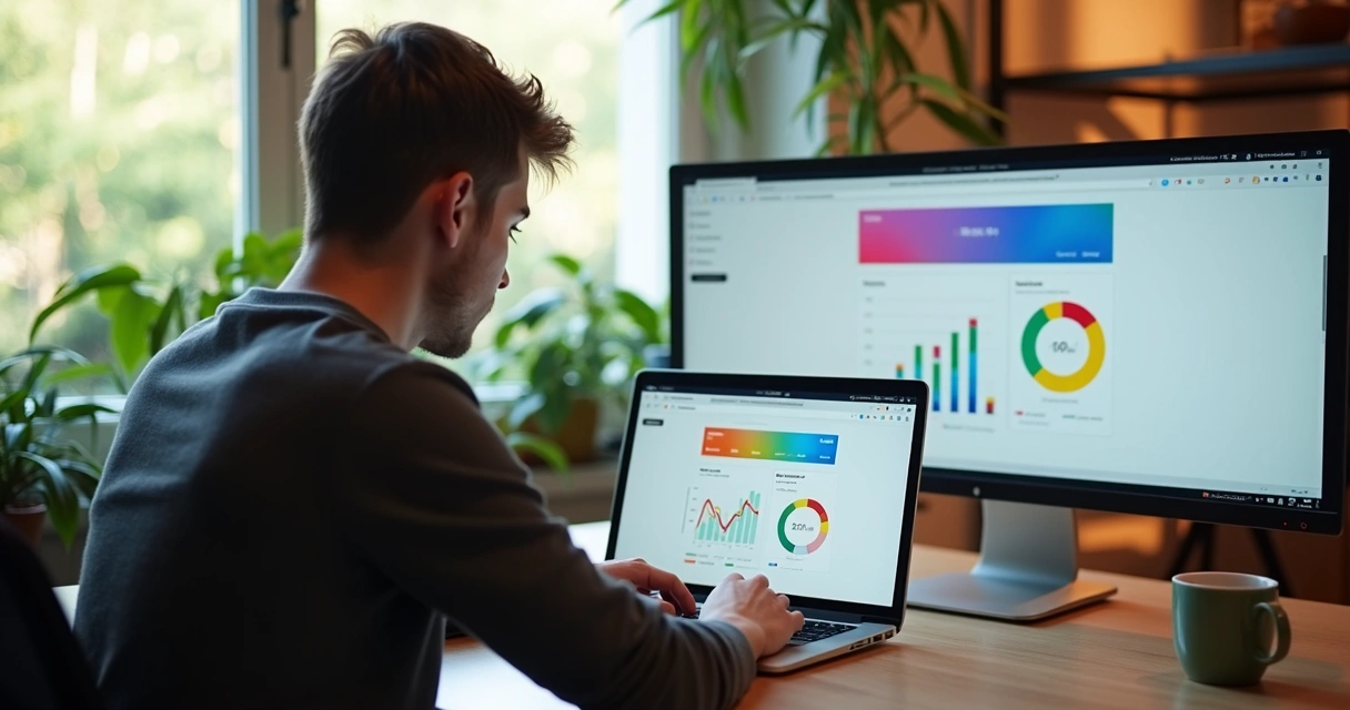 Designer revisando site moderno em notebook com gráficos de links abertos ao lado