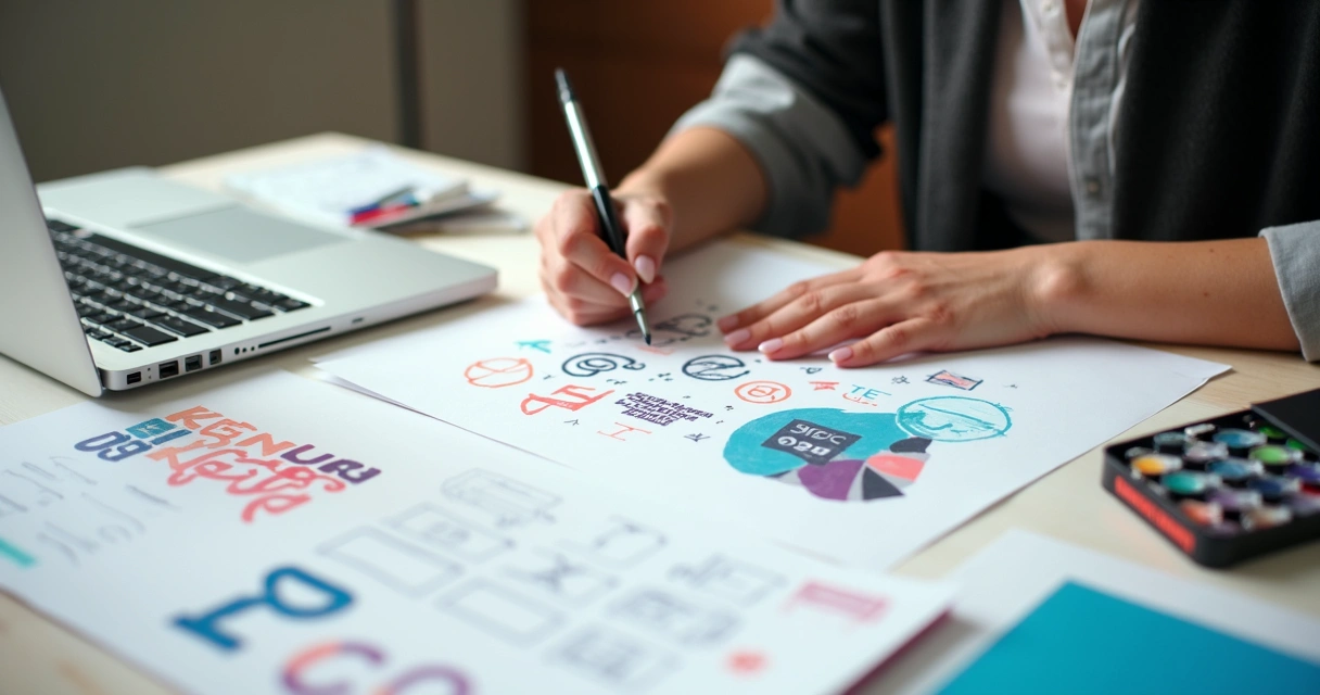 Designer feminina desenhando manualmente elementos de identidade visual 