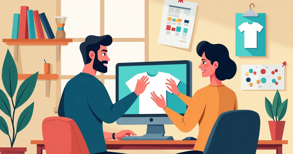Designer ajustando arte de camiseta personalizada em tela de computador 