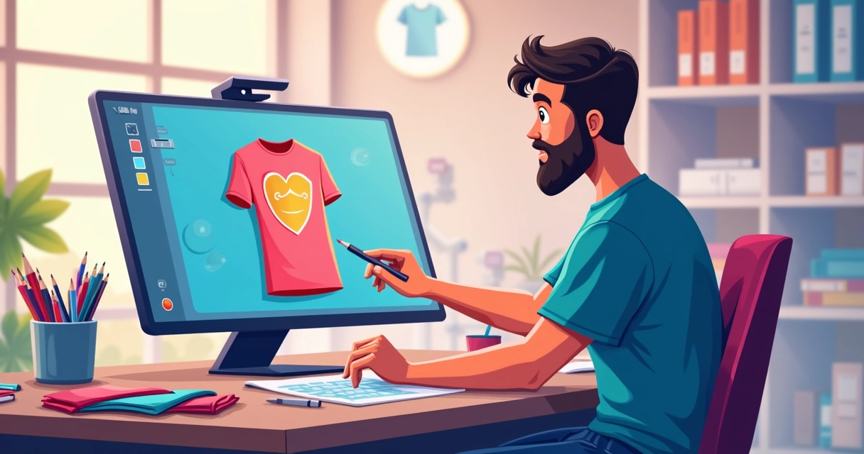 Designer criando arte para camiseta personalizada em mesa digitalizadora