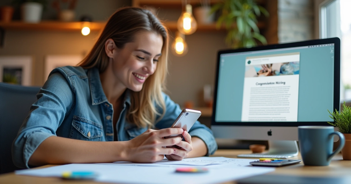 Designer feliz ao receber notificação de contratação na área de UX/UI 