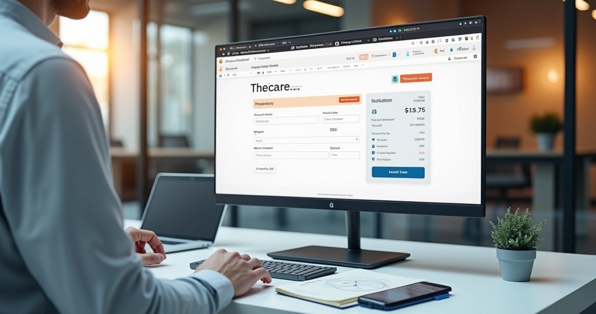Profissional configurando página de pagamento personalizada em monitor ultrawide com múltiplos métodos de pagamento visíveis 