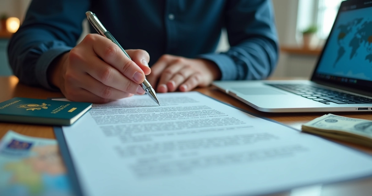 Designer assinando contrato internacional em mesa de trabalho 