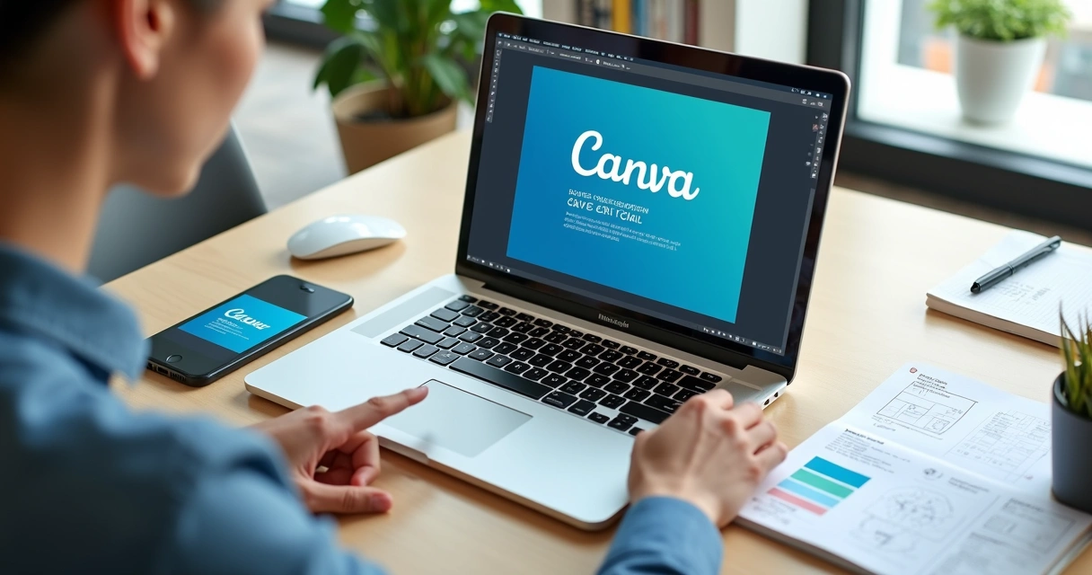 Profissional criando arte empresarial no Canva em notebook sobre mesa de escritório 