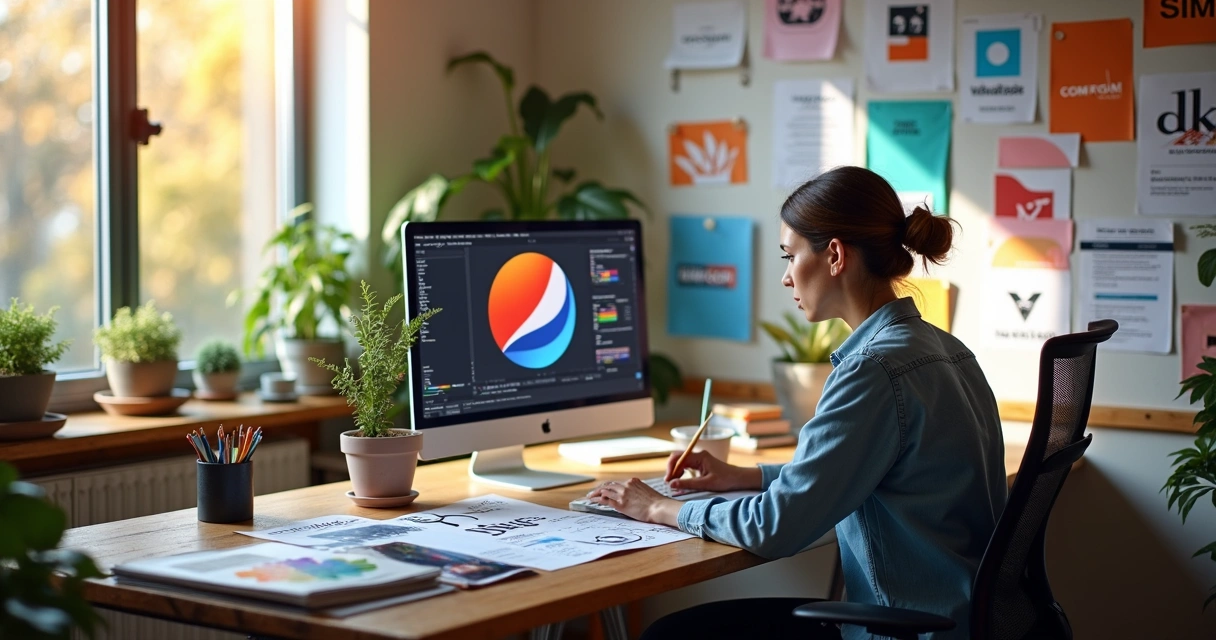 Designer ajustando logo e cores em computador 