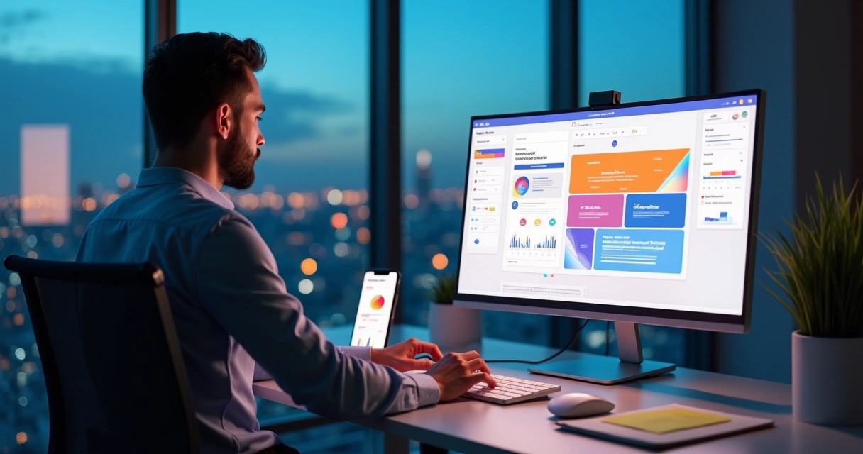 Profissional montando layout de landing page em tela grande de computador 
