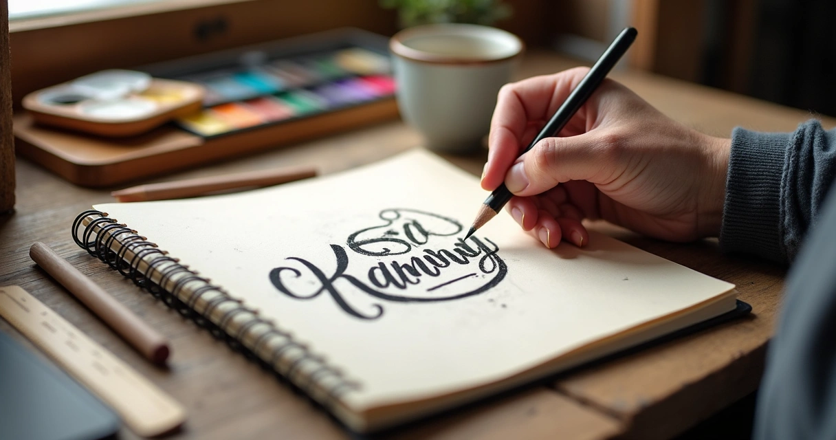 Designer esboçando logotipo artesanal em caderno ao lado de ferramentas de arte 