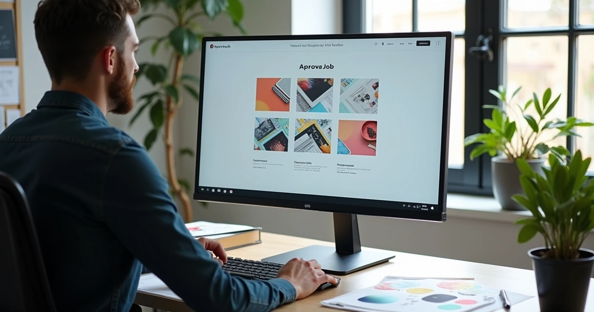 Designer preparando material em plataforma de aprovação 