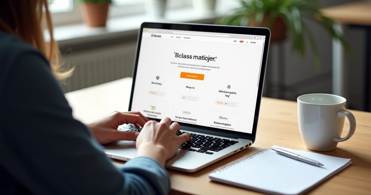 Designer trabalhando em tela de notebook com layout de página limpo e minimalista 