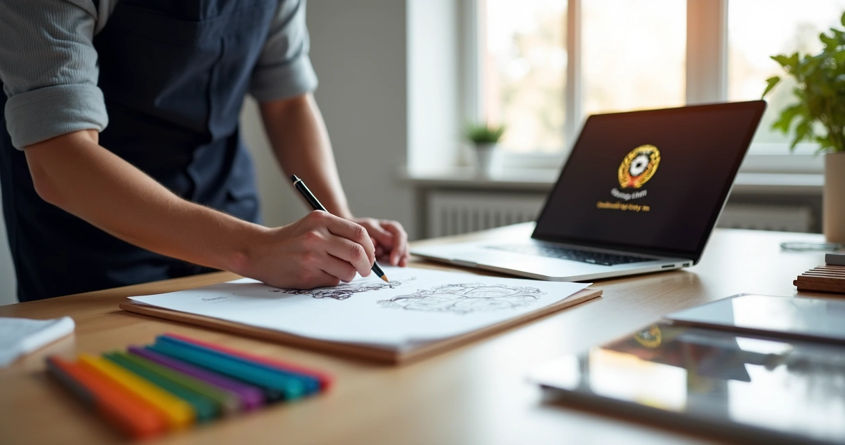 Designer desenhando troféu personalizado em mesa de escritório 
