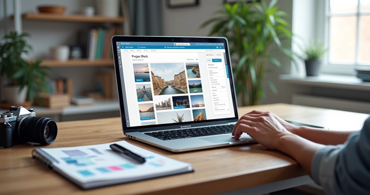 Designer ajustando um portfólio em notebook com grade de imagens e menu lateral 
