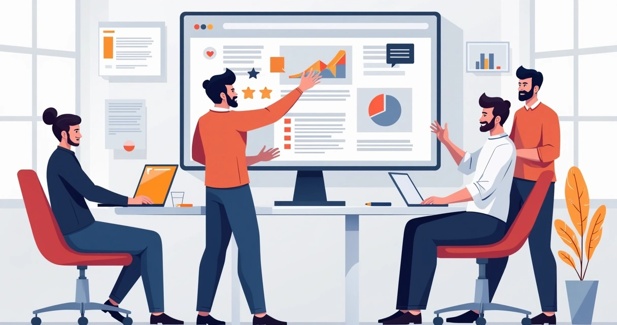 Equipe de profissionais de design e tecnologia desenvolvendo site para pequena empresa em Portugal, monitor mostrando wireframe, mesas brancas, ambiente moderno. 