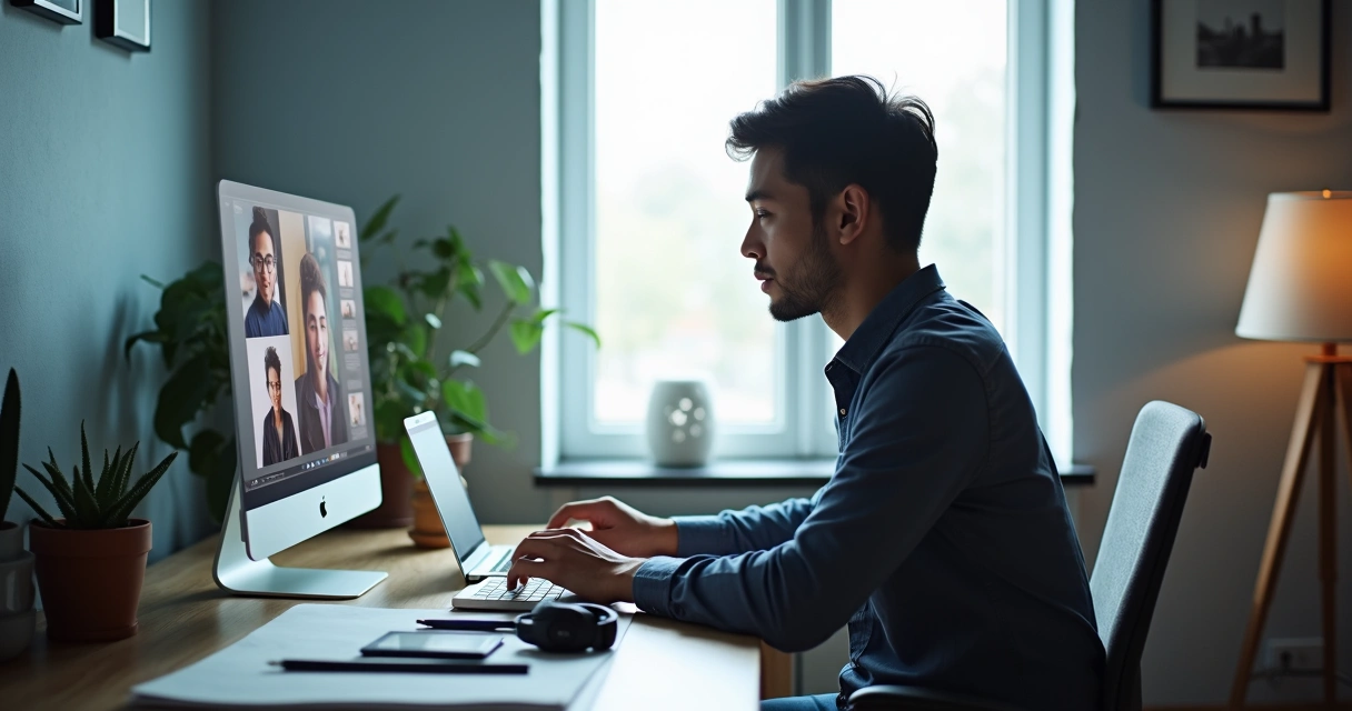 Designer em entrevista remota internacional, tela dividida com equipe global em videoconferência