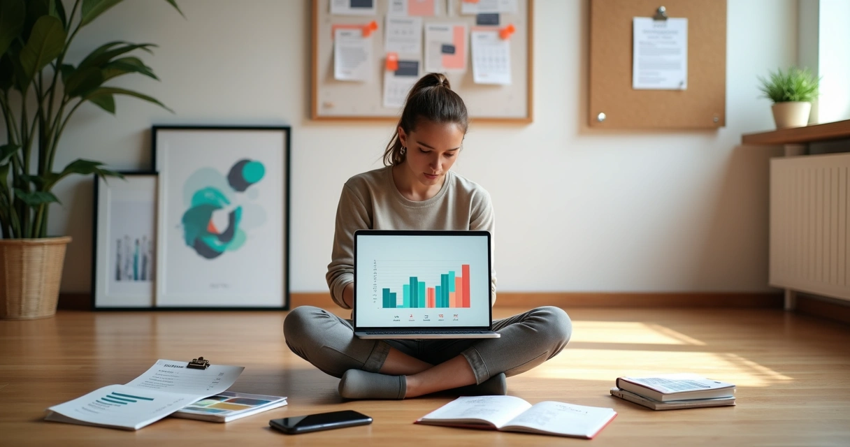 Designer freelancer sentado no chão organizando finanças com notebook e cartões de cor ao redor 