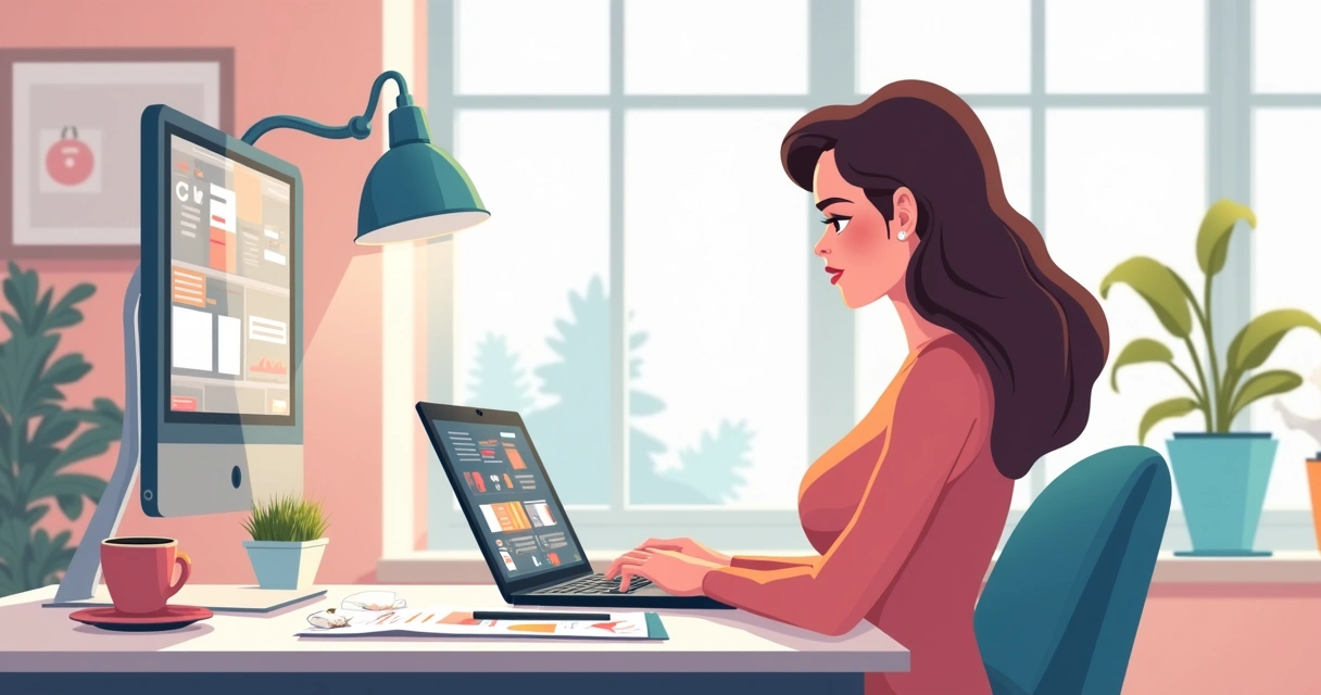 Mulher designer usando IA para automatizar layouts 