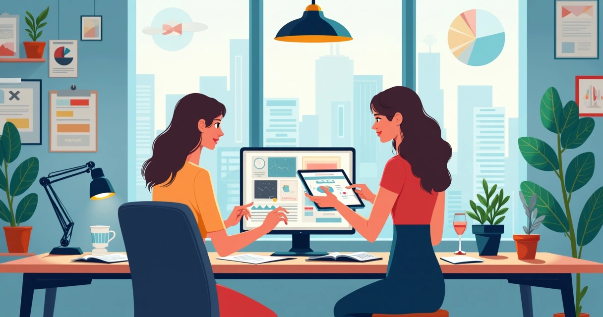 Duas mulheres designers trabalhando juntas com computadores e tablets em ambiente moderno de estúdio 