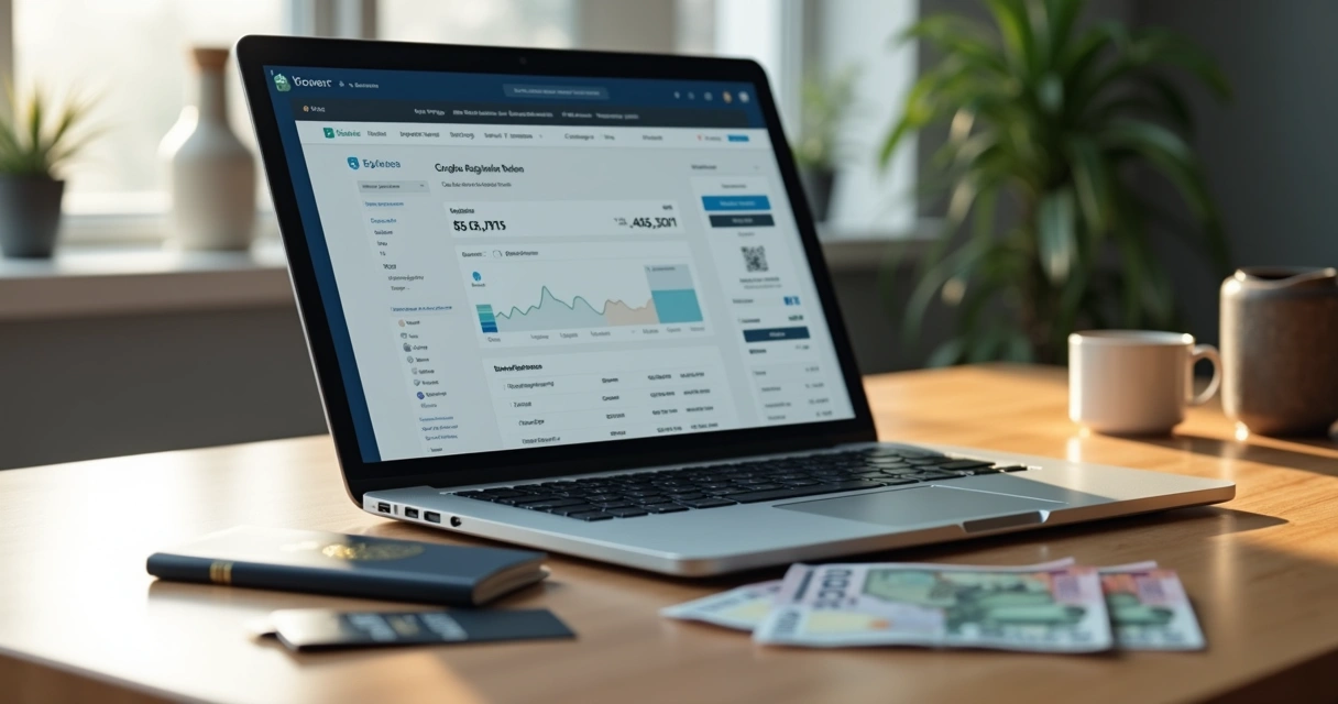 Mesa de trabalho com laptop aberto mostrando plataforma de pagamento online, passaporte, cartão de crédito e dinheiro em várias moedas sobre a mesa 