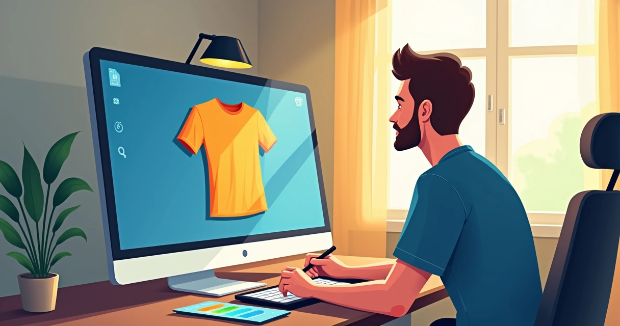 Designer ajustando arte digital em camiseta exibida na tela 