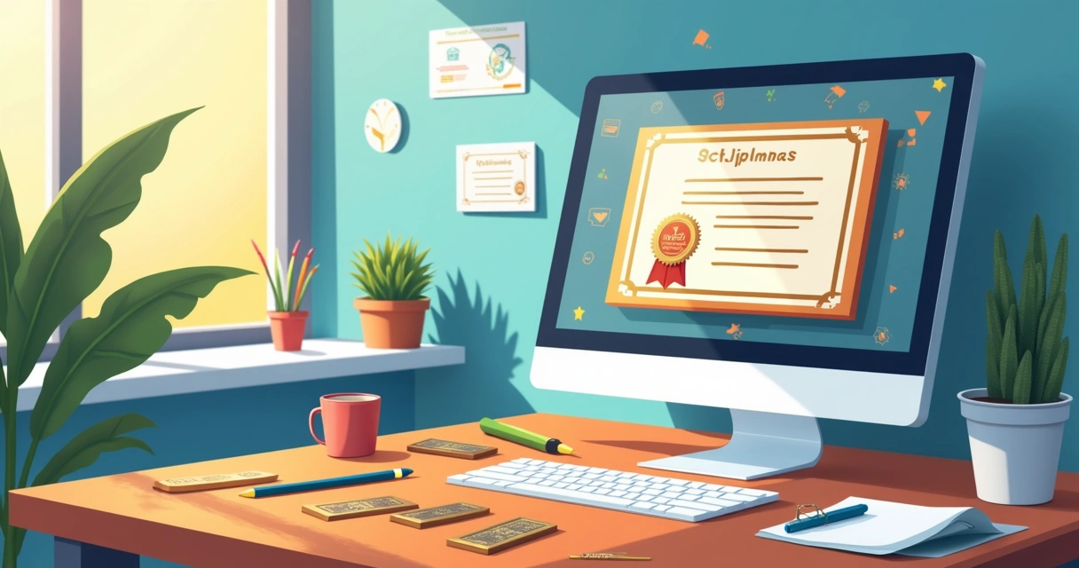 Designer trabalhando em layout de diploma metálico no computador 