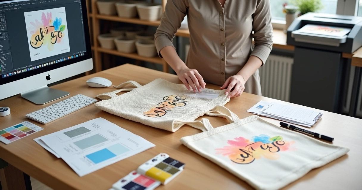 Designer ajustando arte colorida em saco de ráfia branco sobre mesa 