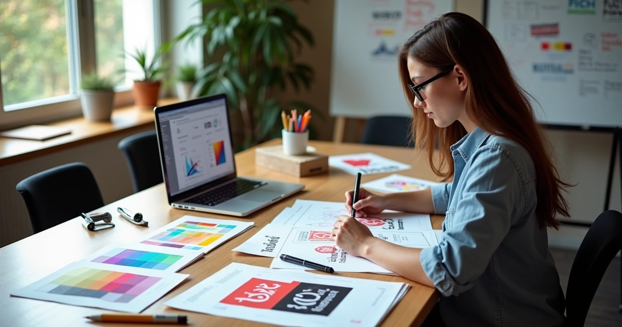 Designer analyzing multiple brand logos and color palettes on a large desk 