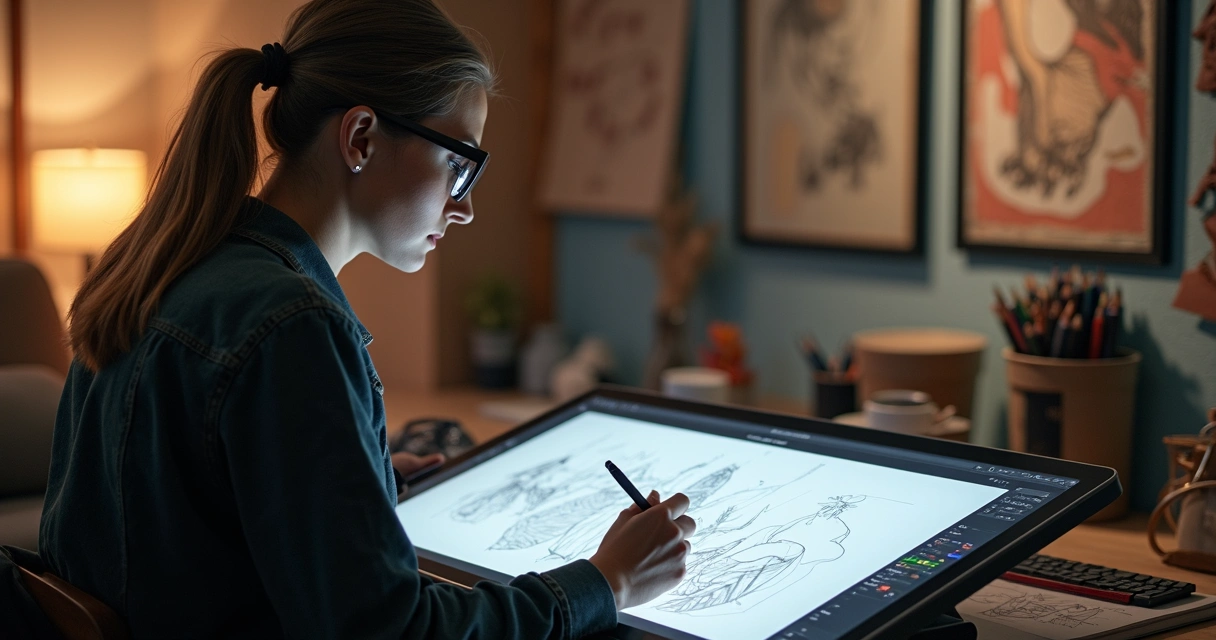 Designer desenhando em tablet com caneta em estúdio criativo 