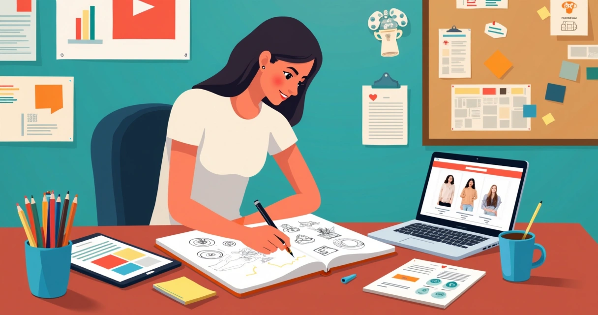 Pessoa desenhando esboços para produtos personalizados em mesa colorida 