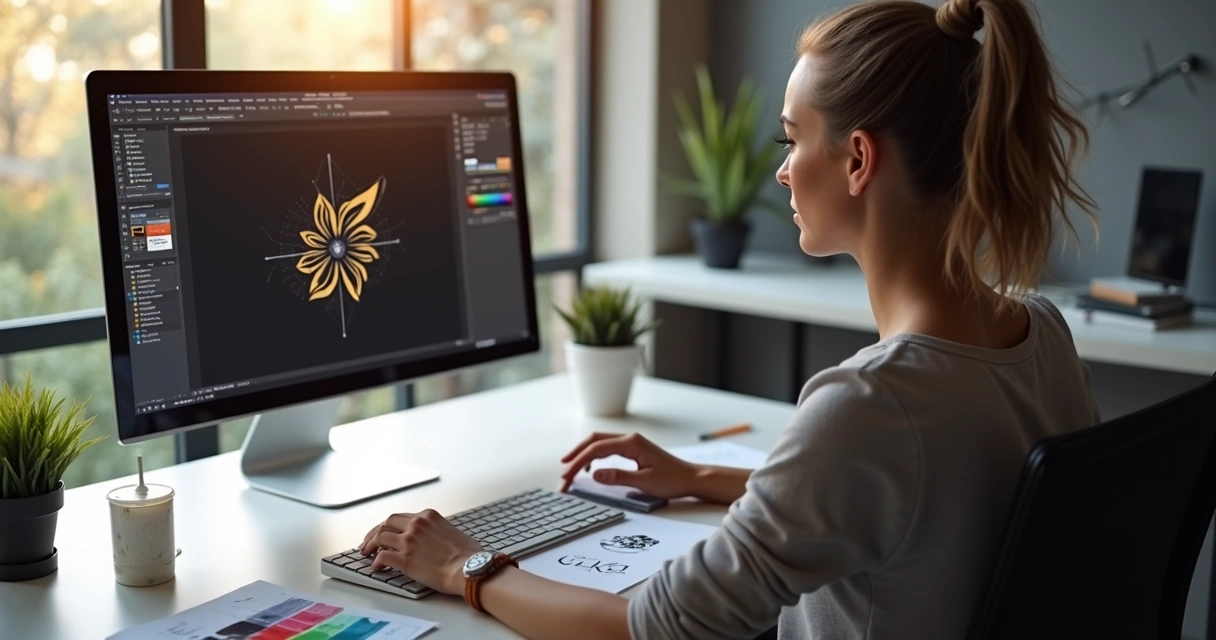 Designer cria logotipo sofisticado em computador com paleta de cores ao lado. 