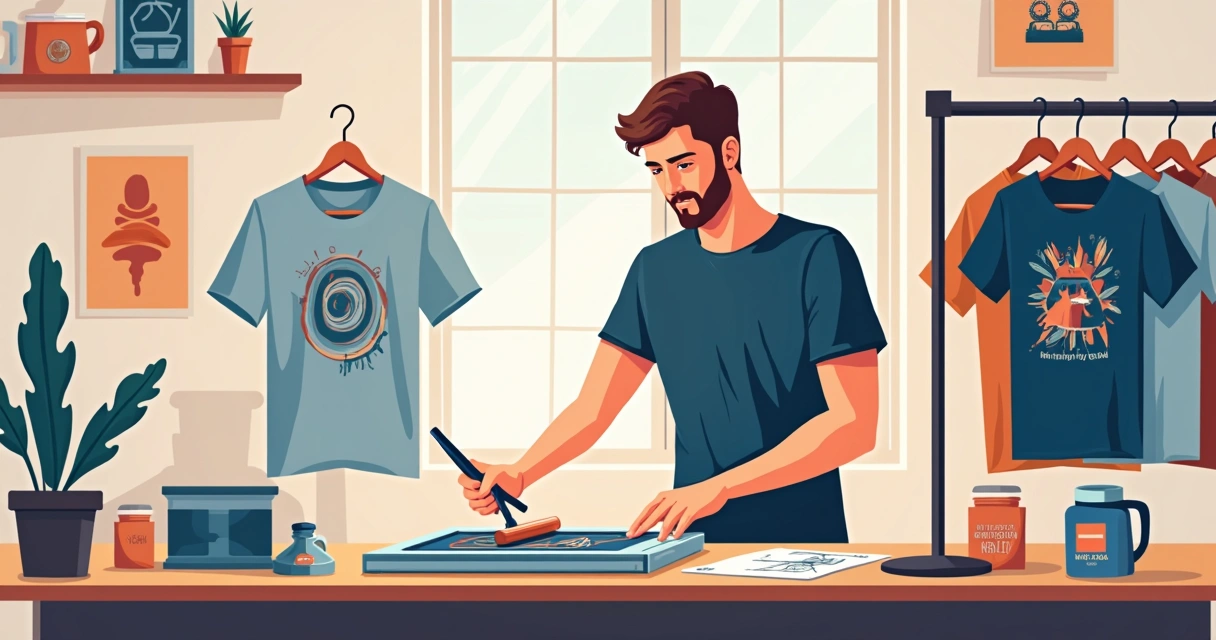 Designer de moda masculino aplicando silk screen em camiseta