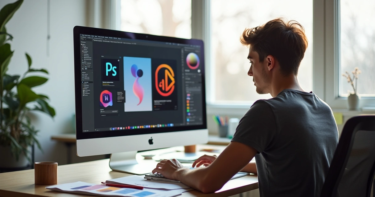 Designer em frente ao computador com telas de softwares populares de design