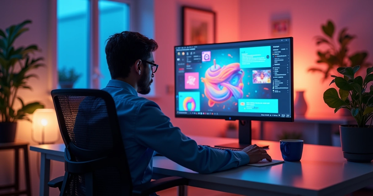 Designer cria arte visual no computador com apoio de IA