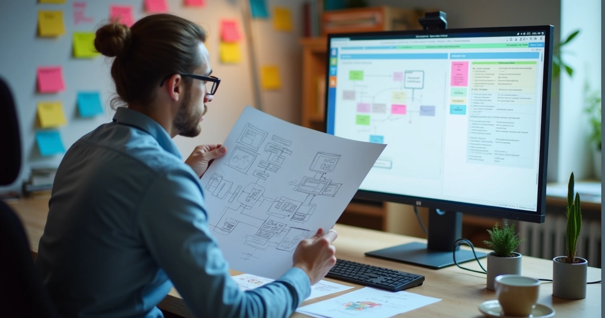 Designer analisando fluxos de experiência de usuário em um site 