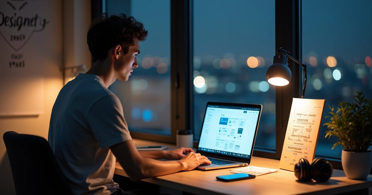 Pessoa estudando UX design em home office com laptop e anotações sobre fluxos de usuário 