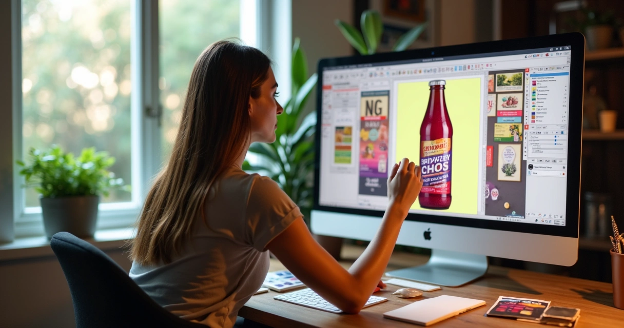 Designer ajustando rótulo em coqueteleira personalizada no computador 