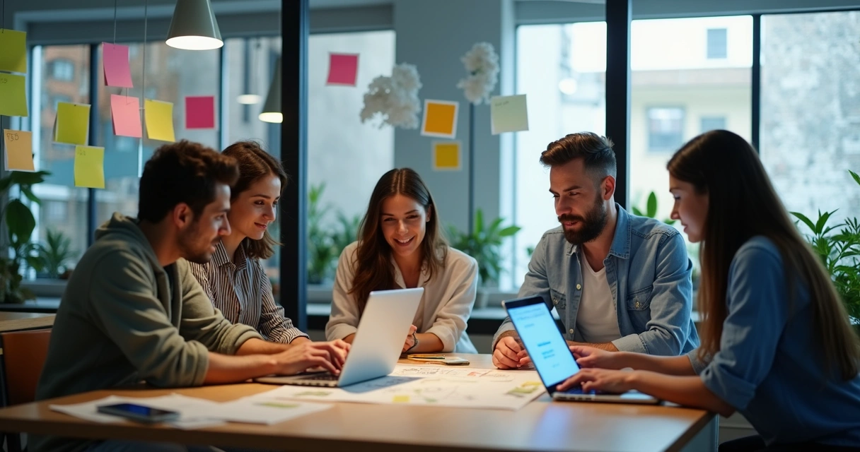 Equipe colaborando em mesa com computadores e protótipos digitais 
