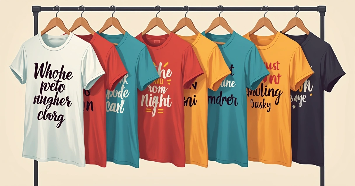 Várias camisetas femininas coloridas e penduradas, mostrando diferentes designs criativos 