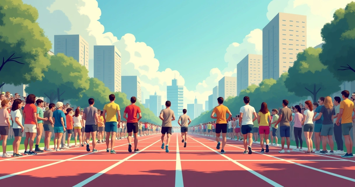 Ilustração de pessoas em largada de corrida, algumas mais próximas da linha de chegada, outras atrás, simbolizando desigualdade de oportunidades na meritocracia. 