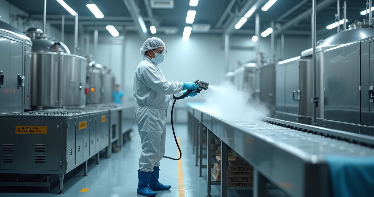 Técnico aplica desinfecção a seco em esteira de fábrica de alimentos parada 