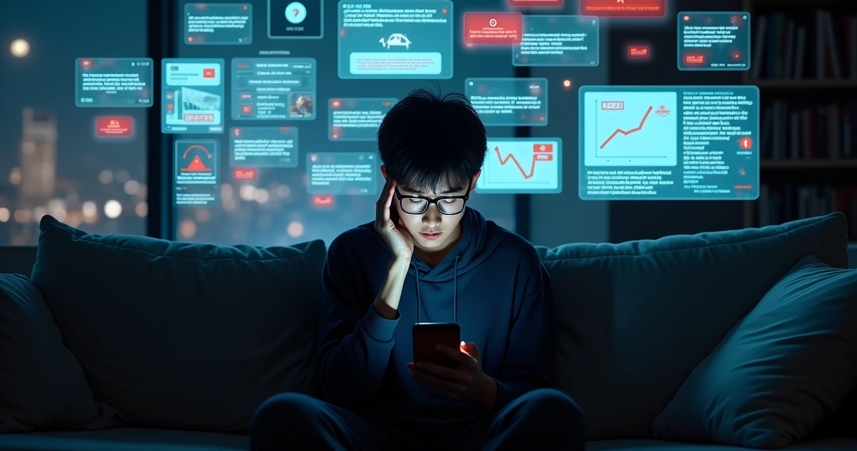 Pessoa ansiosa cercada por telas com notícias confusas 