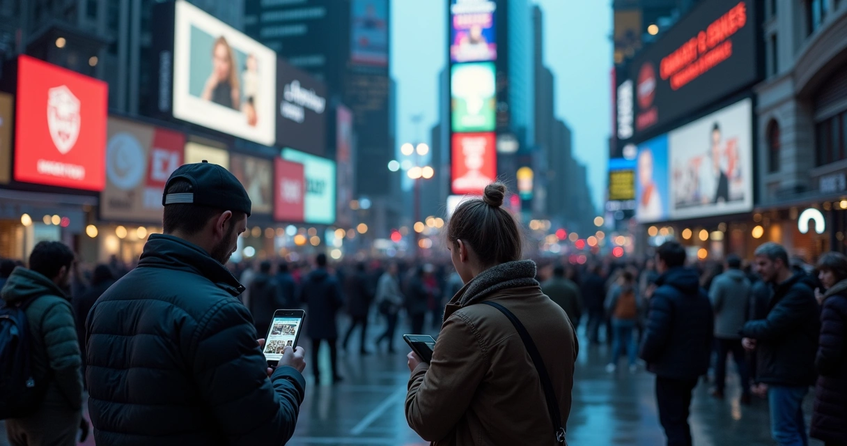 Pessoas olhando telas com notícias contraditórias em uma cidade 