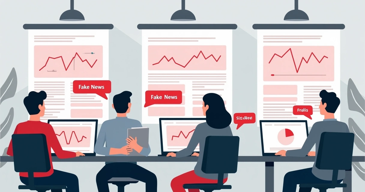 Equipe analisando notícias falsas em múltiplas telas de computadores, gráficos de alertas em vermelho 