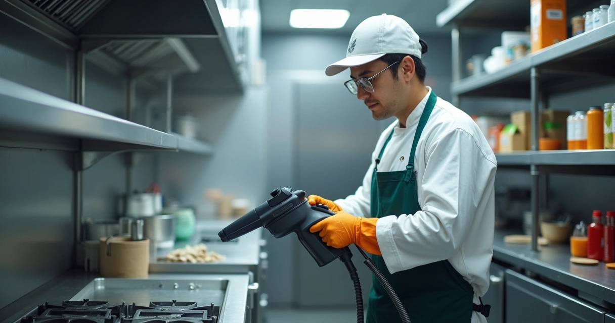 Técnico executando desinsetização numa cozinha comercial, equipamento moderno 