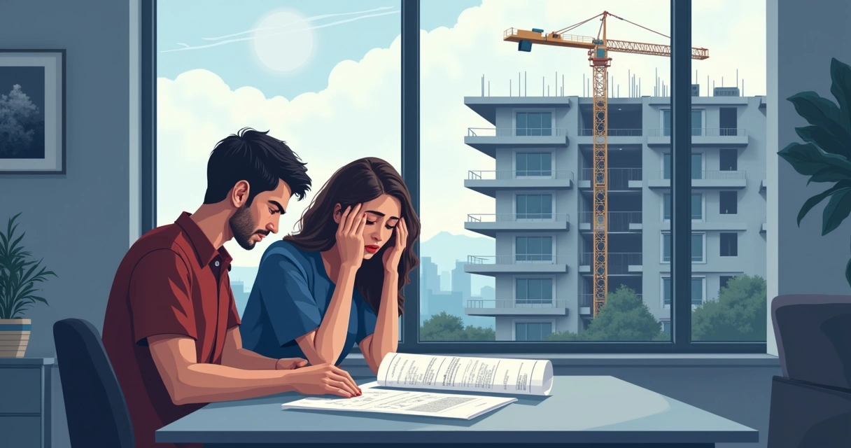 Representação gráfica de pessoas avaliando contrato de compra de imóvel na planta