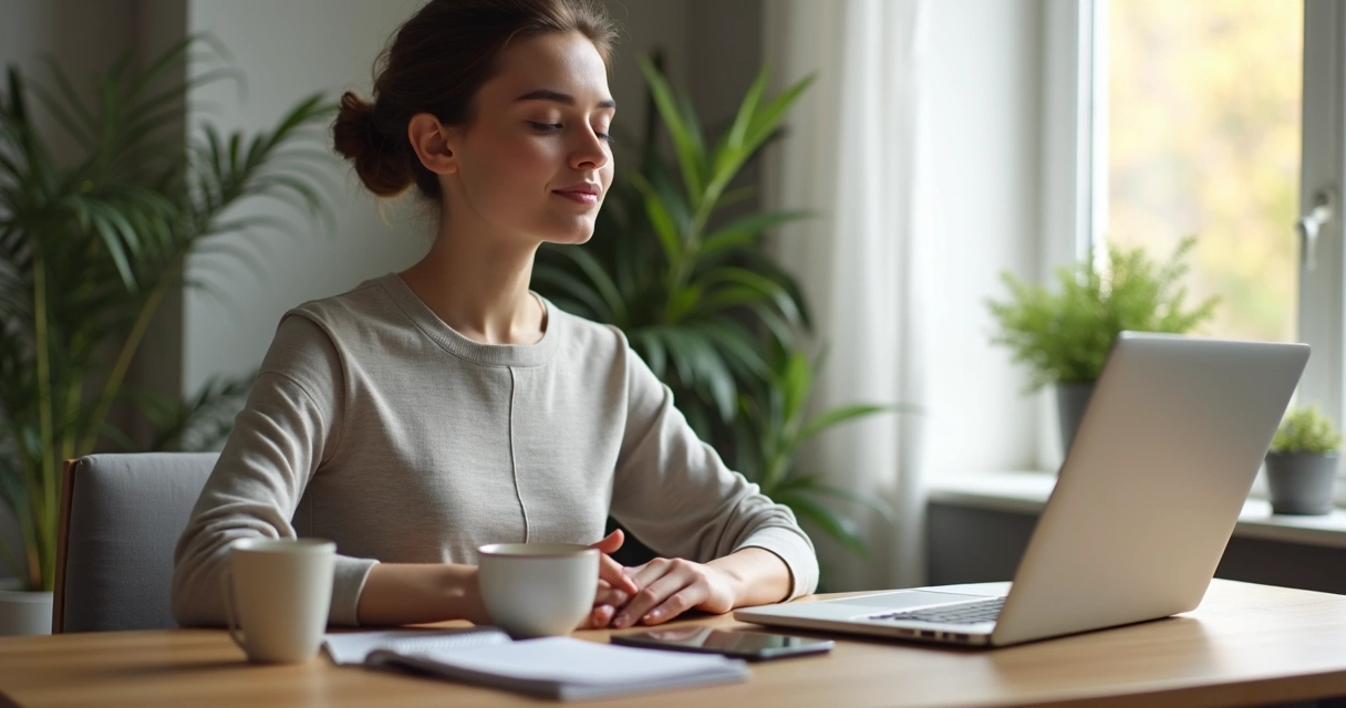 Person pausing for breath at a desk with laptop and phone 