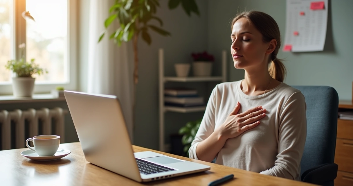 Person pausing at a desk to practice slow breathing 