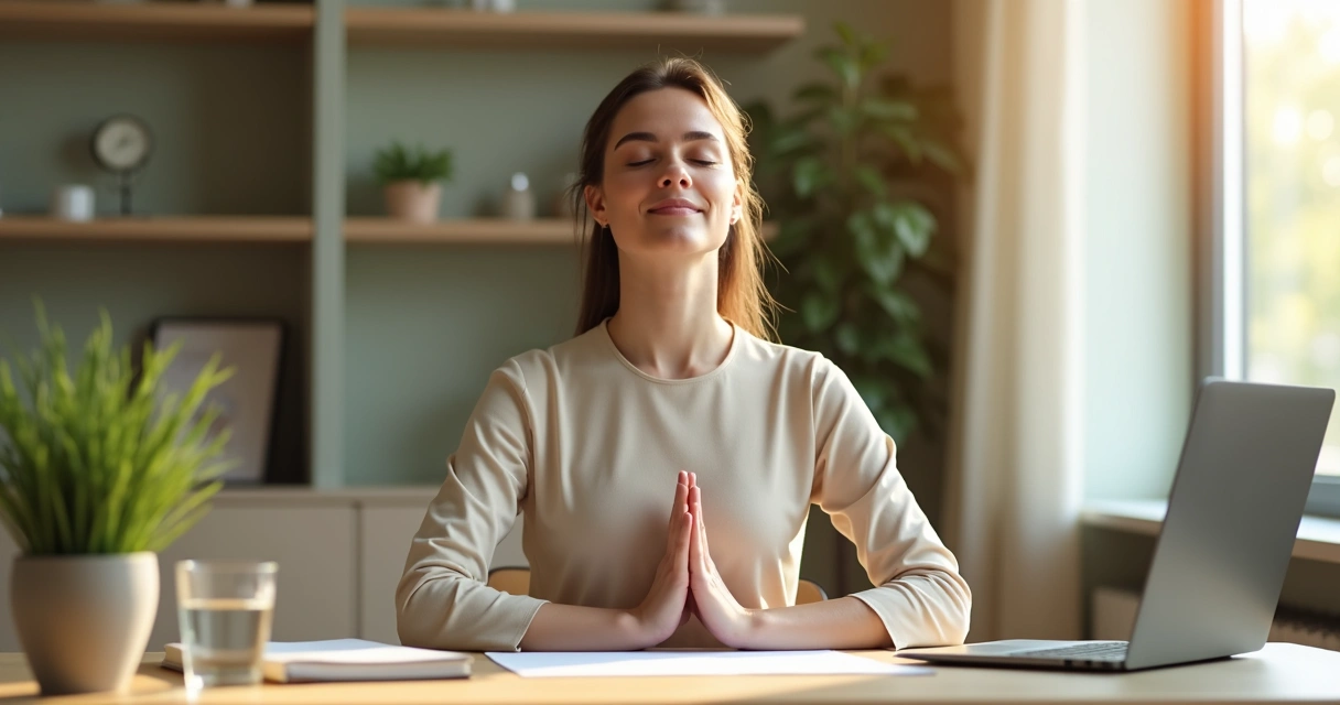 Person taking a mindful breathing break at a desk 