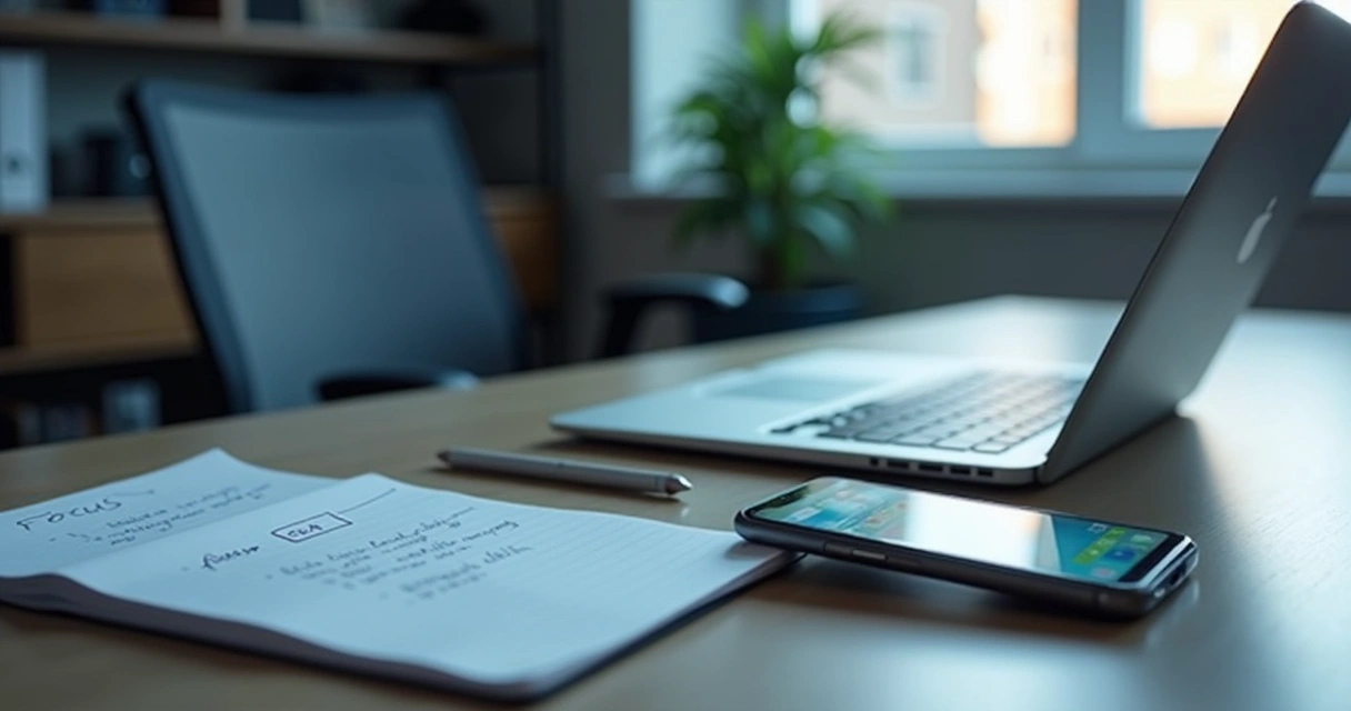 Desk setup with laptop, phone alerts, and handwritten focus plan