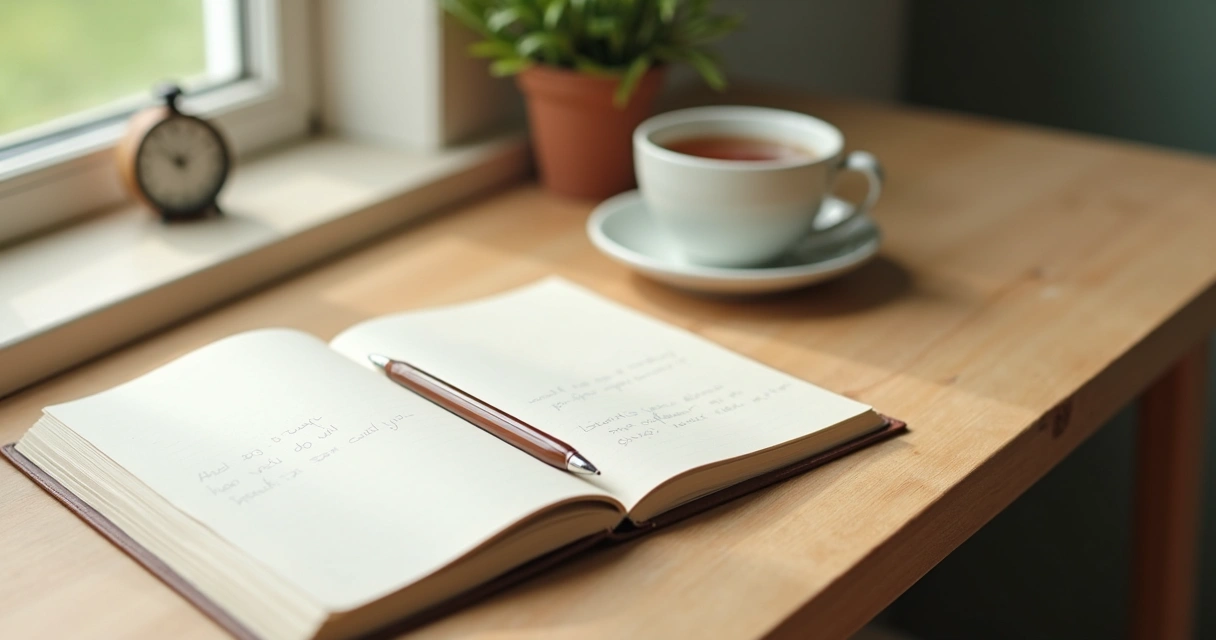 Notebook and tea on a quiet desk by a window